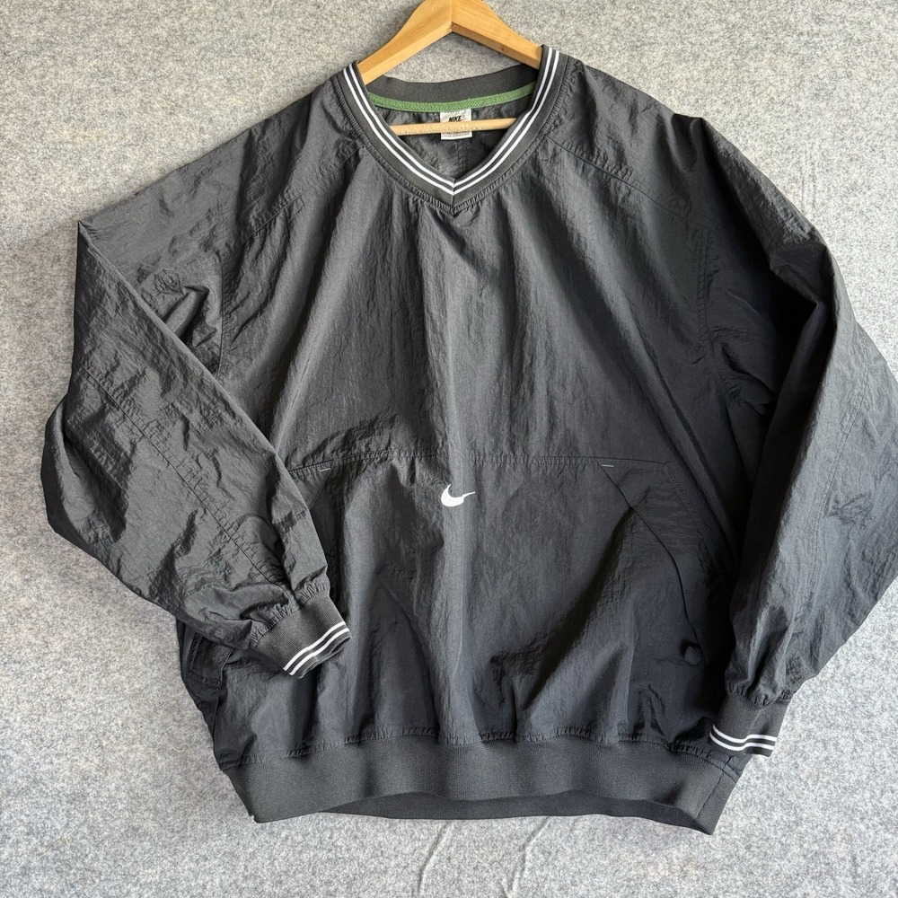 Nike Swoosh Mens XL Windbreaker Vtg. 90's Black Pullover Center Swoosh Pockets